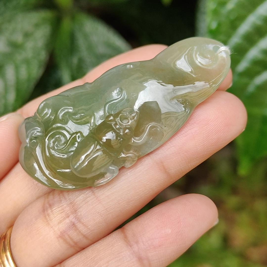 Green and Yellow Natural Type A Jadeite Pendant Necklace Crafted with Ruyi and Beetle, certificate included weigh 23.25 grams, 52.3 * 29 * 9.9 mm, symbols of A steady flow of wealth, protection from danger, safety and health (pendant163)