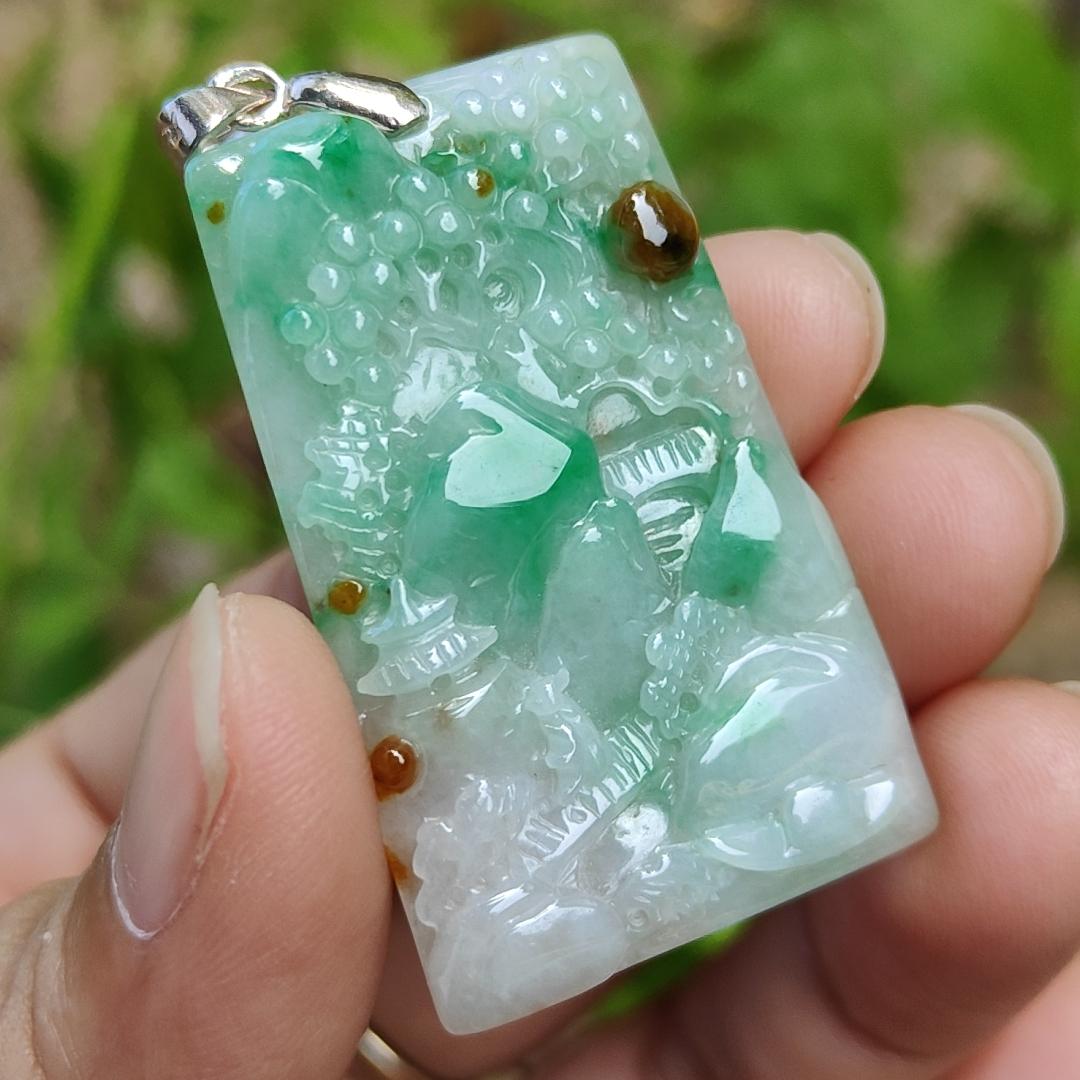 Good Quality Very Beautiful Light Green, Brown Natural Type A Jadeite Jade crafted with sceneries as Pendant, certificate weighs 9.72 grams, measurement 40 * 24.8 * 4.6 mm (pendant288)