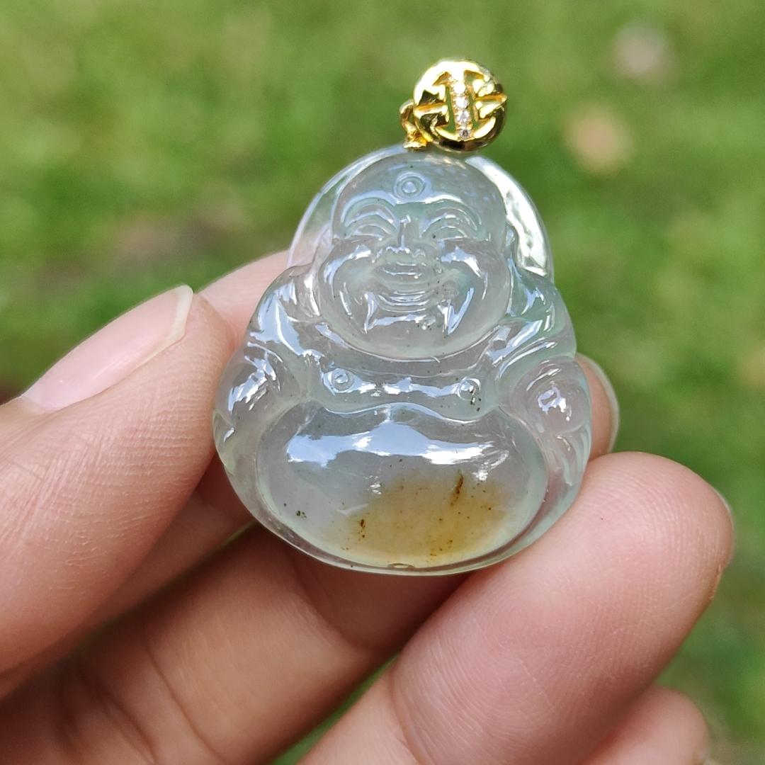 Rare Old Pit Icy Translucent with Yellow and Light Green Hue Collectible Natural Type A Jadeite Jade crafted as Milo Buddha added with 18k Gold Clasp as Pendant, certificate weighs 6.09 grams, measurement 26.8 * 23.2 * 6 mm (18kp63)