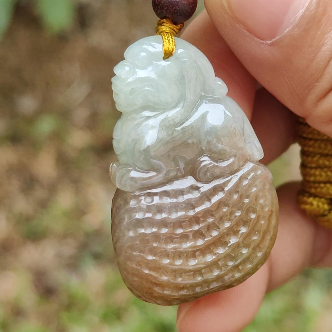 Quality Yellow with Light Green Hue Natural Type A Jadeite Jade crafted with Lion as Pendant, certificate weighs 17.82 grams, measurement 38 * 24 * 11.6 mm (pendant241)