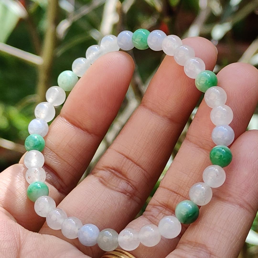 Mix with Green, Lavender and Icy Natural Type A Jadeite Jade 33 Beads with measurement of 5.5 mm bracelet, QIC labs approved certificate included weigh 9 grams (bracelet16)