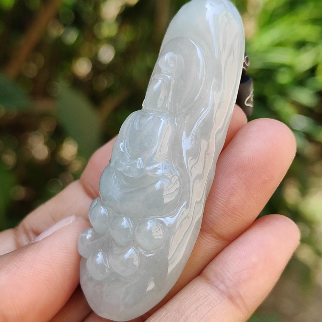 High Quality Light Green Hue Natural Type A Jadeite Jade crafted with Faceless Guanyin as Pendant, Certificate weighs 33.26 grams, measurement 63.8 * 23.6 * 12.2 mm (pendant237)