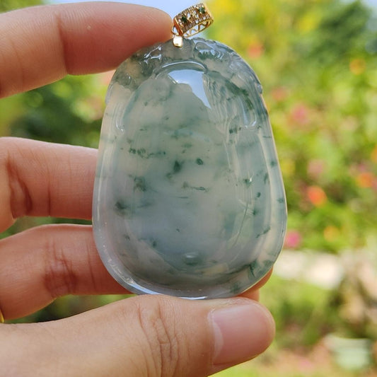 Double Dragon Floating Green Flower clouds 18k gold Natural Type A Jadeite pendant  with NGI Gemstone report carved as wu shi pai weight 34.82 grams , 53.06 * 38.86 * 9.37 mm , Translucent Very Fine Grain with patches of bluish green (18kp3)