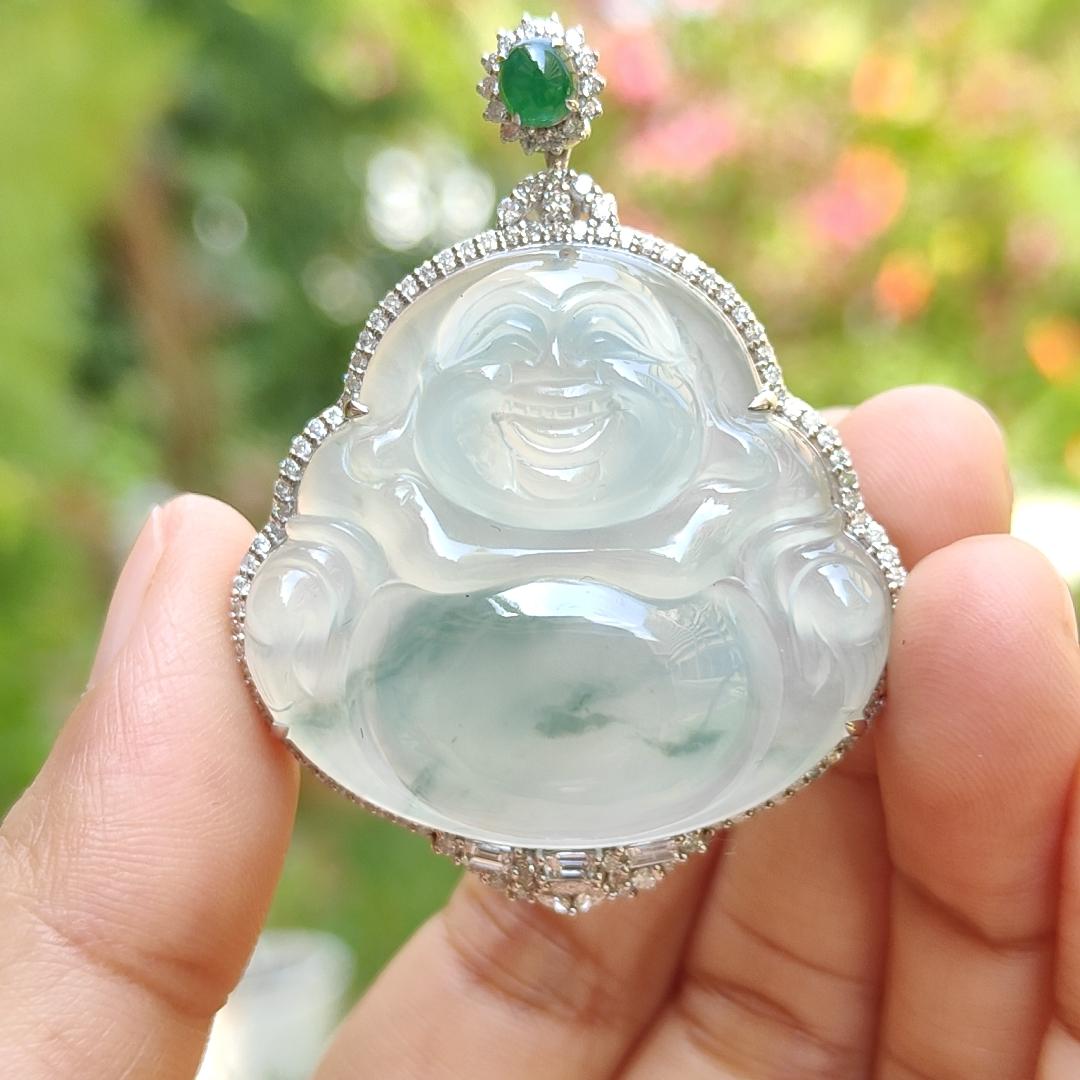 18k Gold pendant Setting with diamonds, 1 small green cabochon and floating flower cloud highly translucent Natural Type A jadeite with NGI Gemstone report weight 15.49 grams, 33.47 * 36.01 * 6.65 mm , 18k gold tested x-ray fluorescence method (18kp4)