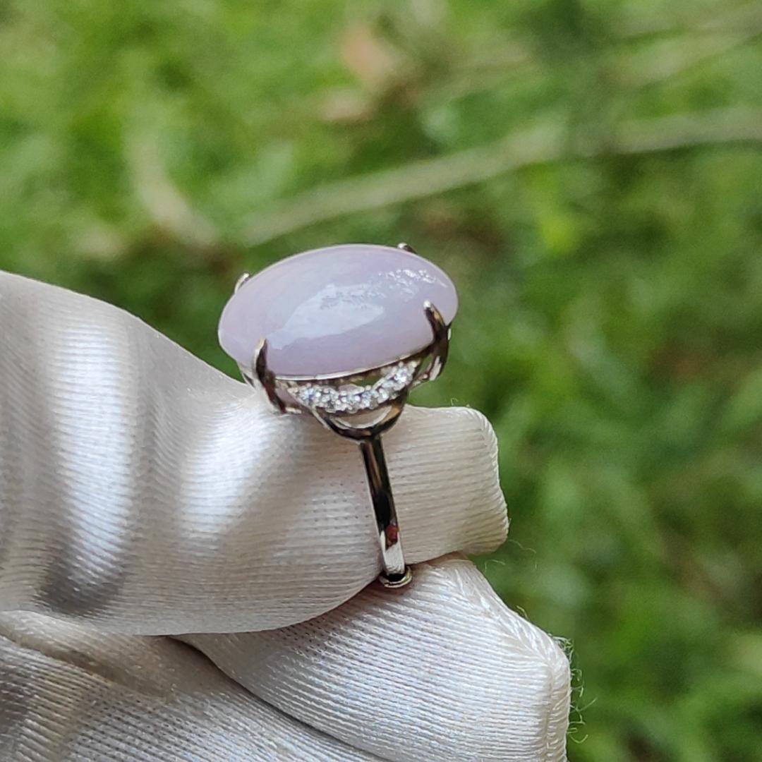 S925 Setting with Lavender Cabochon 15.6 * 12.3 * 5.2 mm Natural Type A Jadeite Jade Ring with certificate weigh 3.23 grams, finger size adjustable (s925ring4)