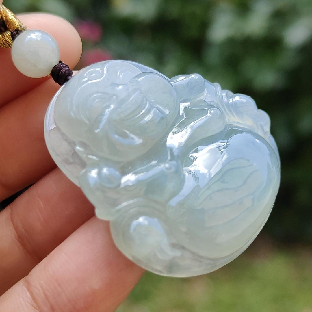 Premium Quality with good density and light green bluish hue Natural Type A Jadeite Pendant Necklace crafted with Laughing Buddha, certificate included weigh 17.14 grams, 36.7 * 34.2 * 8.7 mm, a good collection or for your daily wear (pendant32)