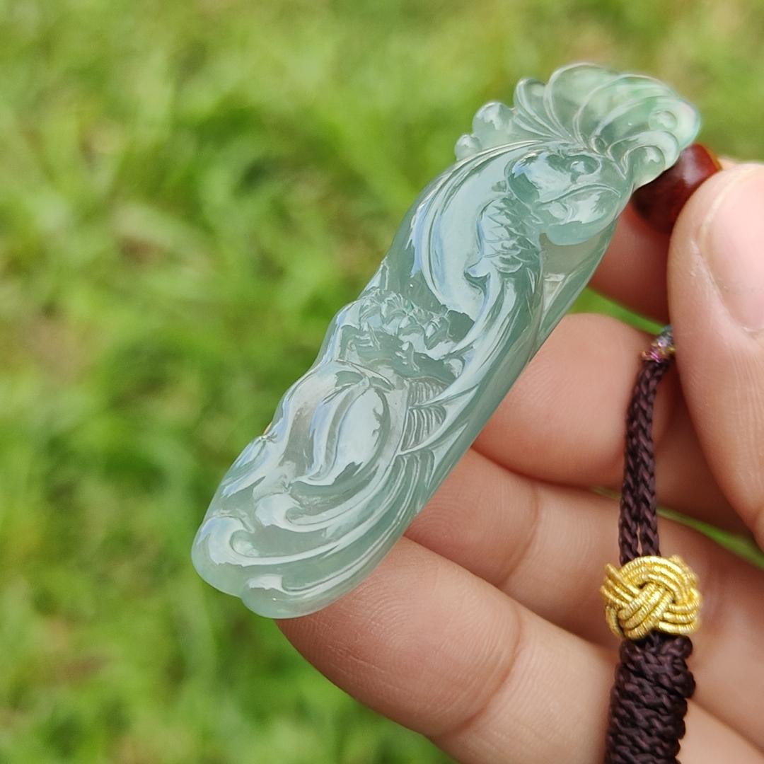 Semi Icy Good Translucency Green Natural Type A Jadeite Pendant Necklace crafted as the parrot, symbols of Wise and brave, heroic and mighty, with certificate weigh 10.82 grams, 57.8 * 16.3 * 7.1 mm (pendant24)