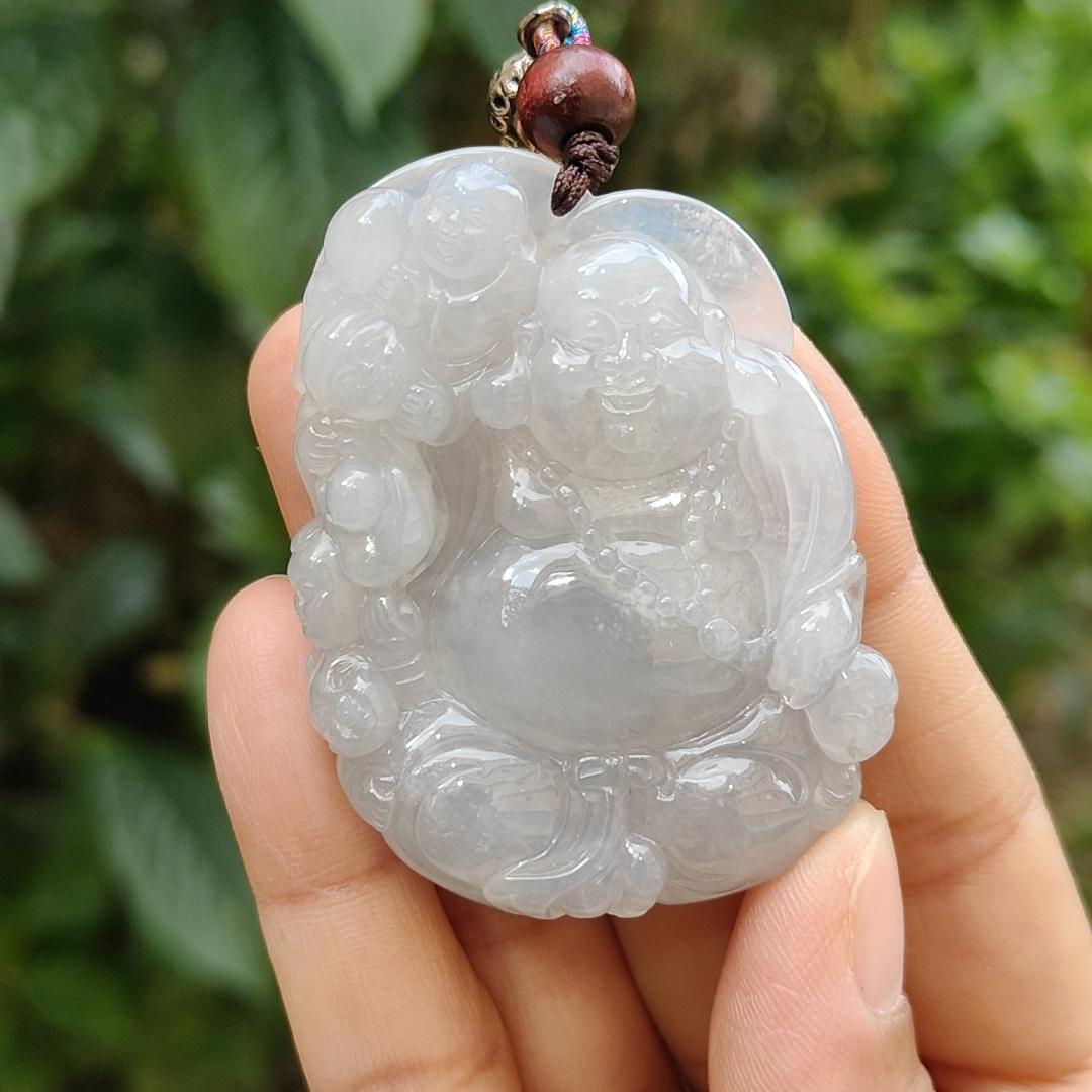 Semi Icy Translucent Natural Type A Jadeite Pendant Necklace Crafted with Milo Buddha with symbols of Be tolerant, smile often, be tolerant and happy, certificate included weigh 45 grams, 54 * 40.5 * 12.3 mm, suitable for daily wear,collection (pendant46)