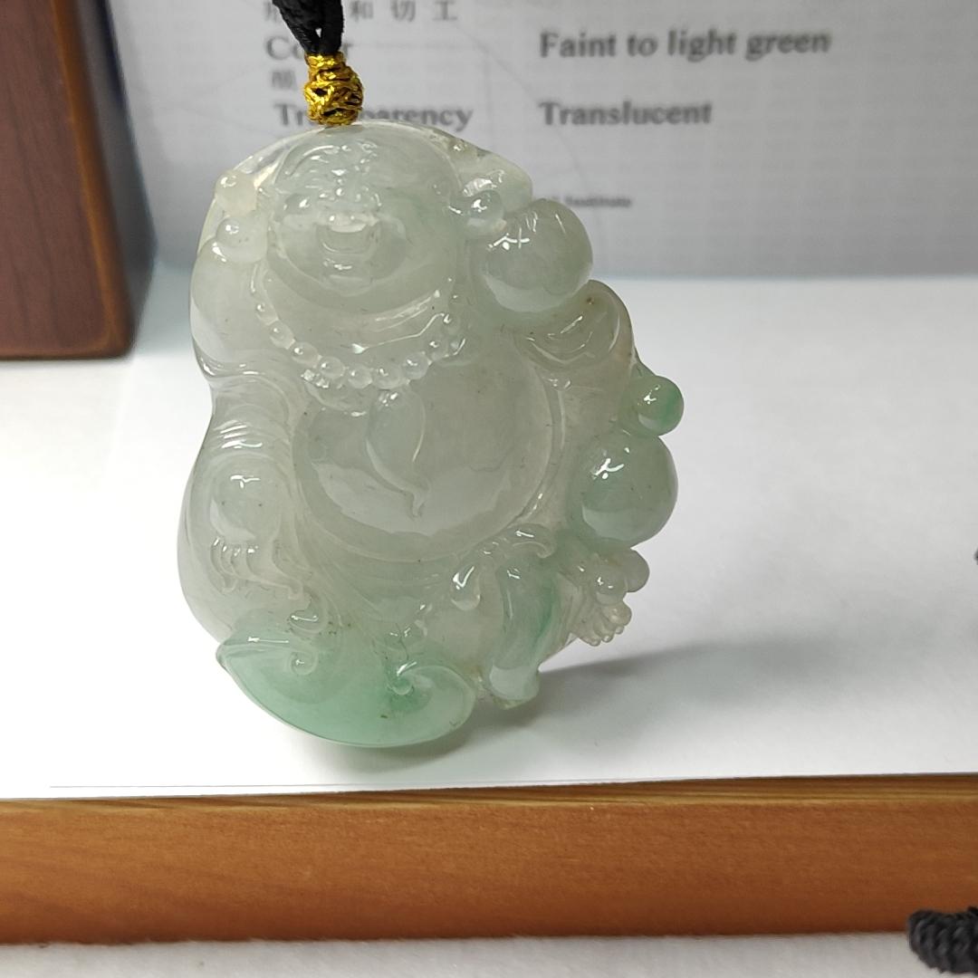 Natural Type A Jadeite Jewellery Pendant carved as Milo Buddha with Ruyi with Gemstone report from NGI weighs at 218.34 grams , 53.35 * 42.19 * 12.02 mm , Translucent with faint to light green with good translucency premium quality pendant (pendant156)