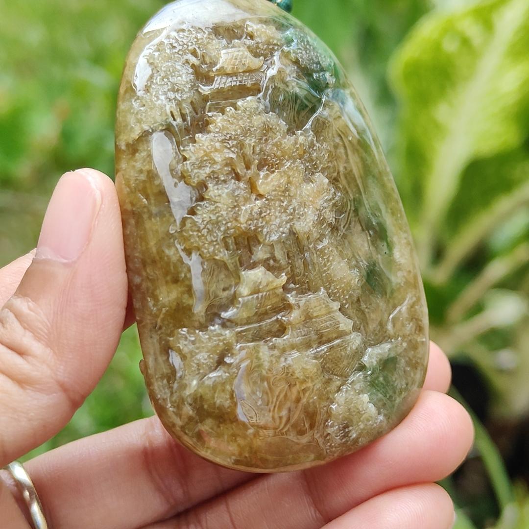 Hugh, Rare, High-Quality Brown with Light Green Natural Type A Jadeite Jade crafted with Sceneries as Pendant, certificate weighs 67.2 * 43.3 * 19.3 mm (pendant266)