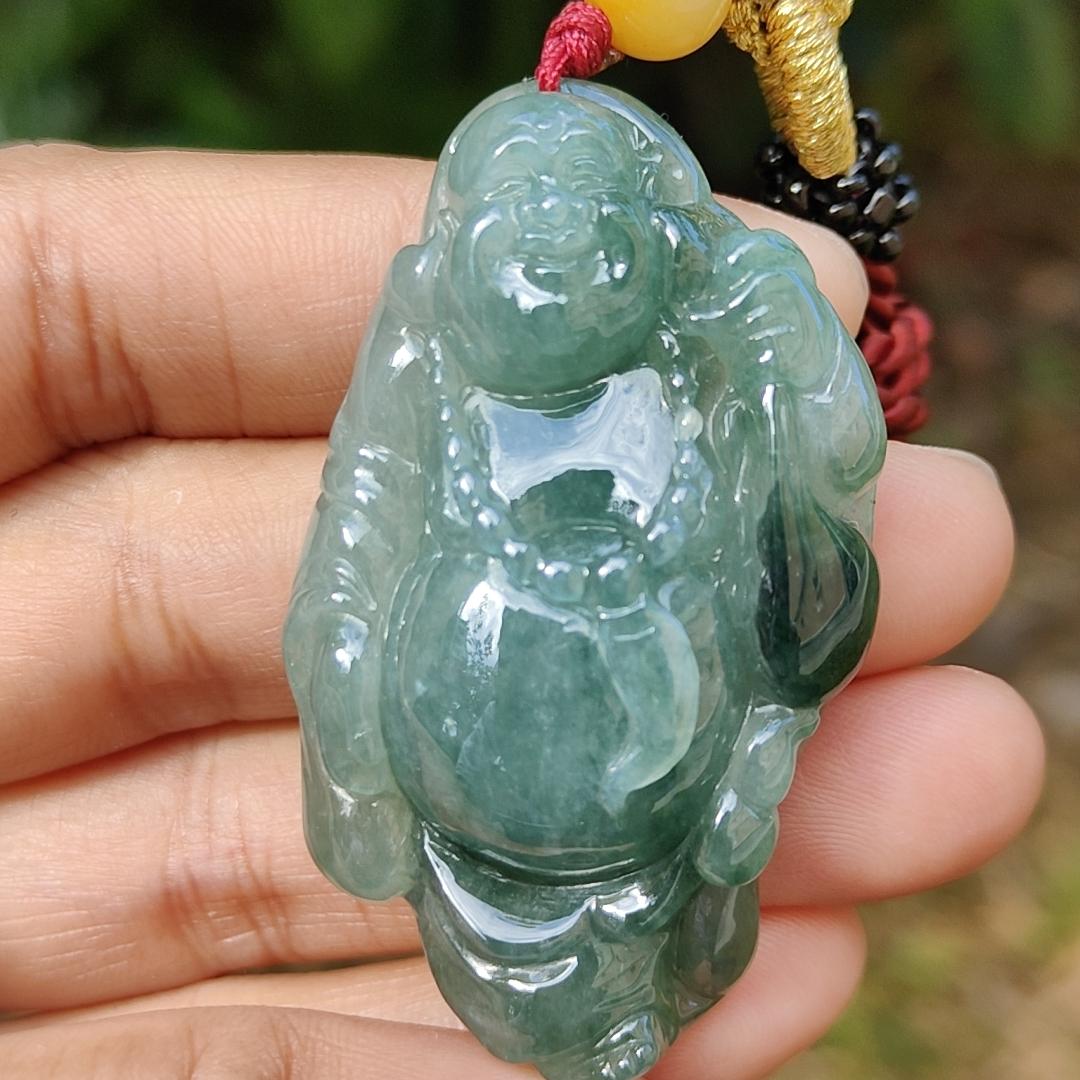 Green Natural Type A Jadeite Jade crafted with Milo Buddha as Pendant, certificate weigh 24.11 grams, measurement 51.2 * 31 * 10.5 mm (pendant239)