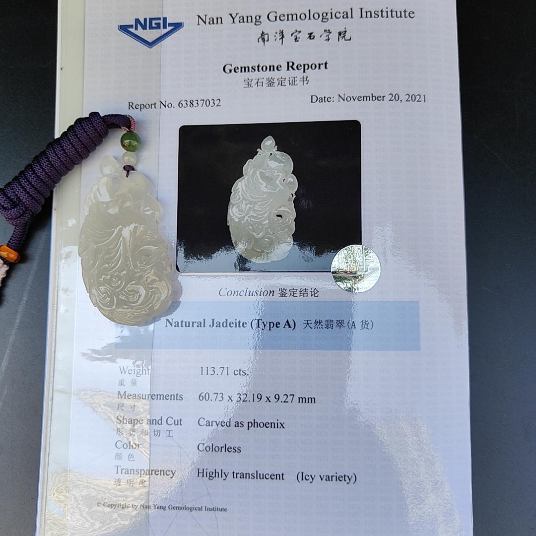 Pheonix Type A Natural Jadeite Pendant Jewelry with NGI Gemstone report weight 113.71 gram , 60.73 * 32.19 * 9.27 mm - Very High Translucent Icy Variety with very fine grain (pendant159)