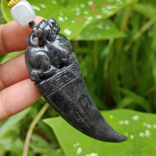 Black Wuji Natural Type A Jadeite Pendant Carved with Dragon Teeth plus Pixiu come with certificate weight 30.85, 70.3 * 23.1 * 13 mm (pendant100)