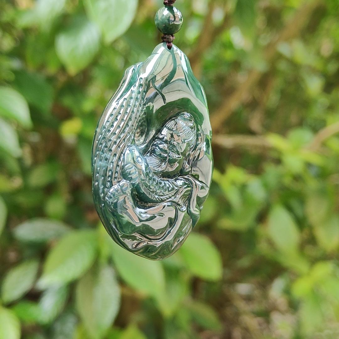 Carved as the fisherman benefits rare green Natural Type A Jadeite with certificate QIC approved labs pendant weight 53.87 grams, 54.6 * 38.2 * 12.7 mm