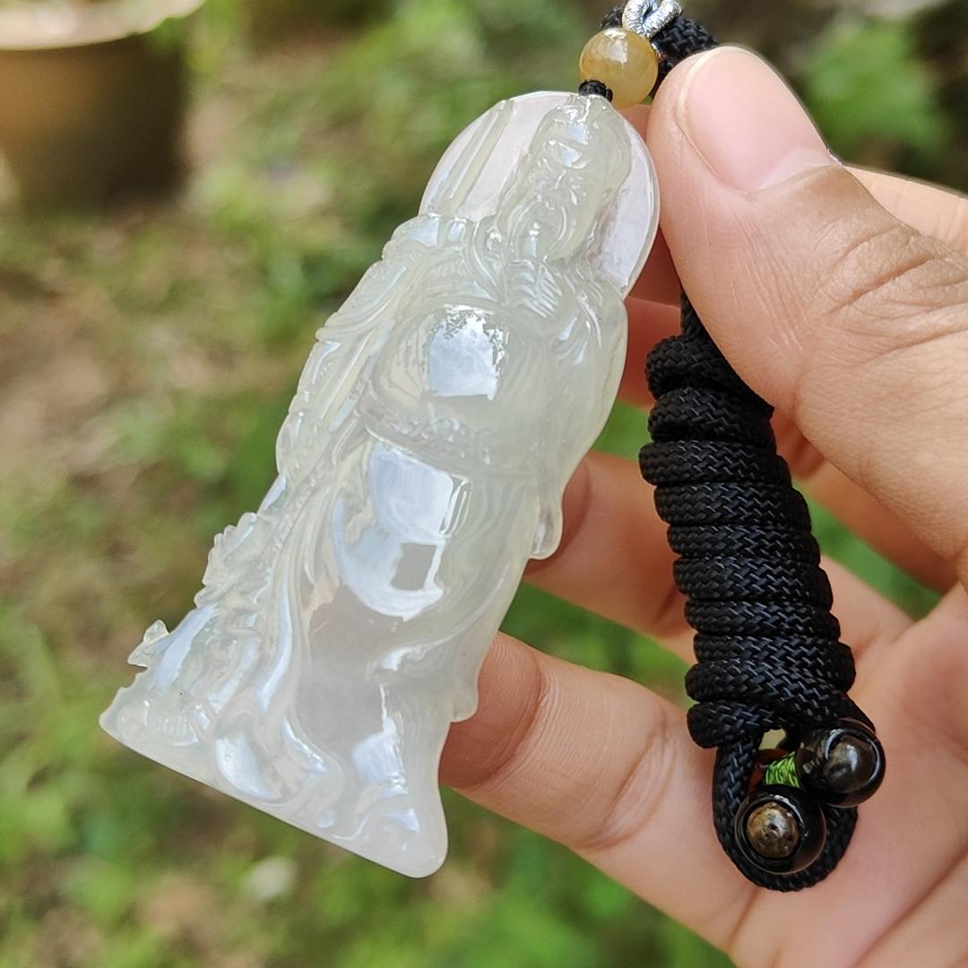 Premium Icy with good translucency Natural Type A Jadeite Pendant Necklace crafted as Guan Gong with certificate weigh 15.41 grams, 59.3 * 26 * 6.3 mm, (pendant31)