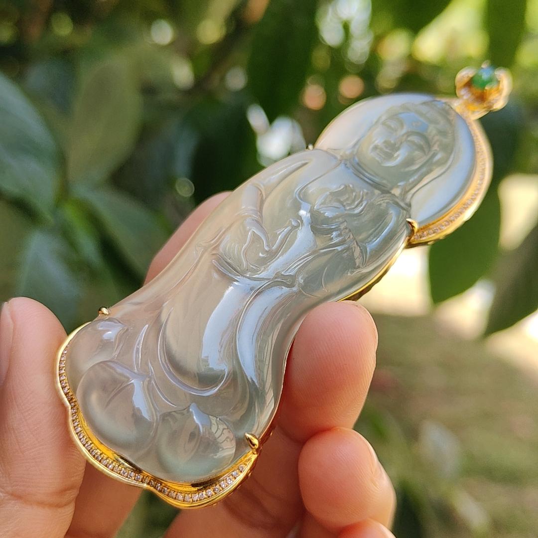 Super Rare Premium High Quality Light Green with Green Natural Type A Jadeite Jade crafted as Standing Guanyin set on 18k Gold with diamonds and one green cabochon, certificate weigh  27.19 grams, measurement 89.9 * 33.2 * 11.9 mm (18kp34)