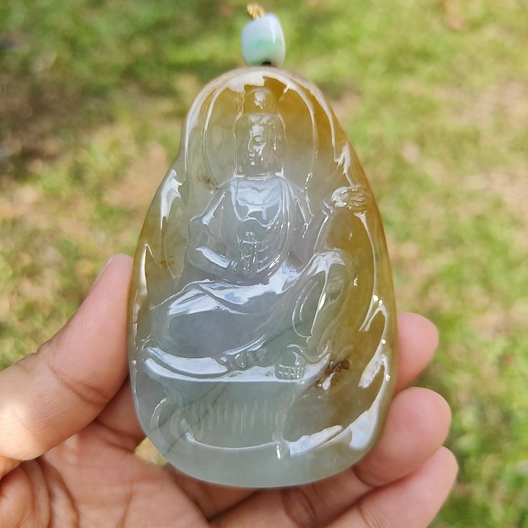 Hugh High Quality Light Green, Yellow Brown and Red Natural Type A Jadeite Jade crafted as Guanyin for Pendant, certificate weighs 79.47 grams, measurement 83.3 * 52.6 * 8.5 mm (pendant282)