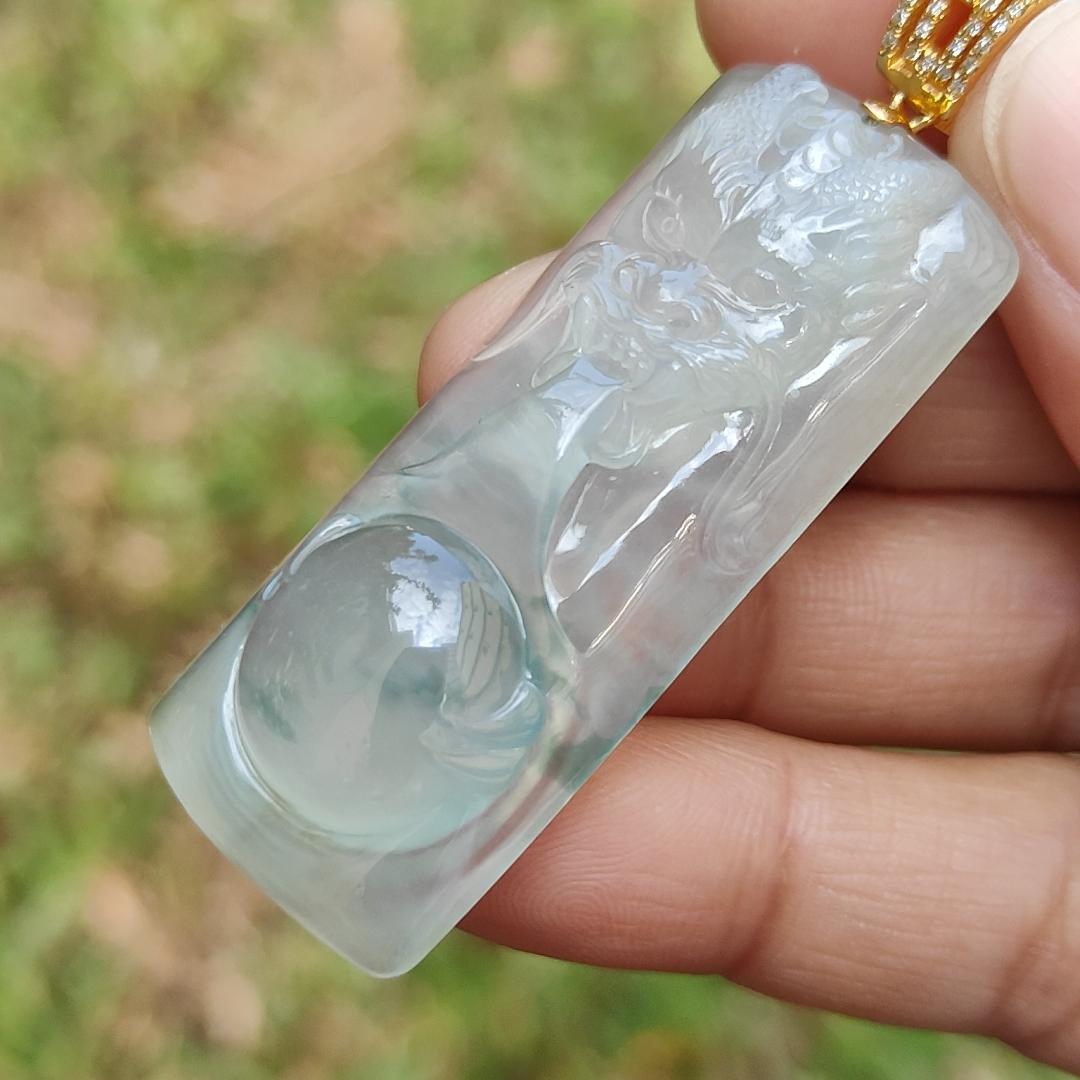 Premium Icy Translucent Light Green Natural Type A Jadeite Jade crafted with Dragon set on 18k Gold as Pendant, certificate weighs 12.99 grams, measurement 46.8 * 19.7 * 7.7 mm (18kp43)