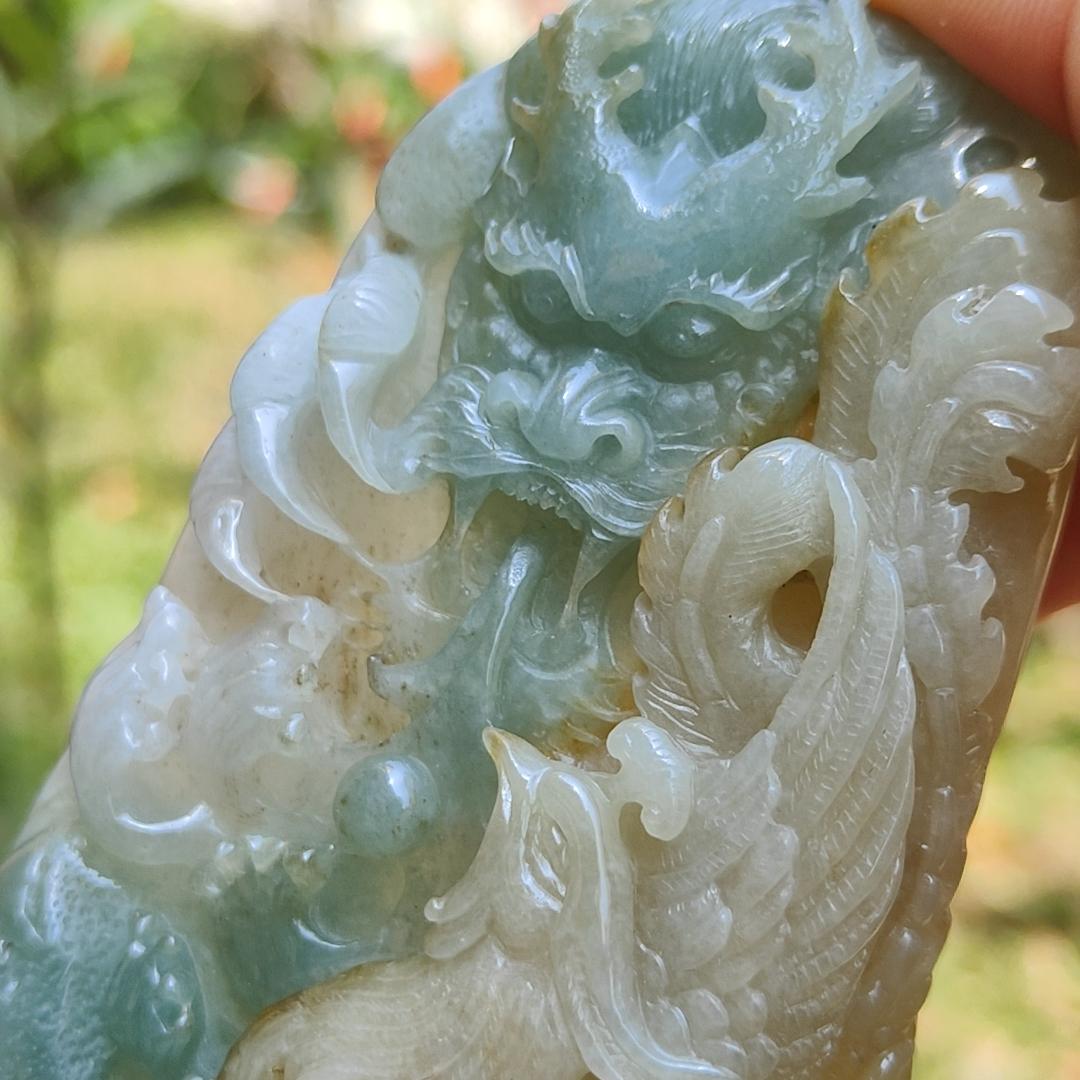 Light Green and Yellow Natural Type A Jadeite Jade Crafted with Dragon and Pheonix as Pendant, Certificate weigh 96.95 grams, measurement 90.2 * 55.7 * 11.5 mm (pendant222)