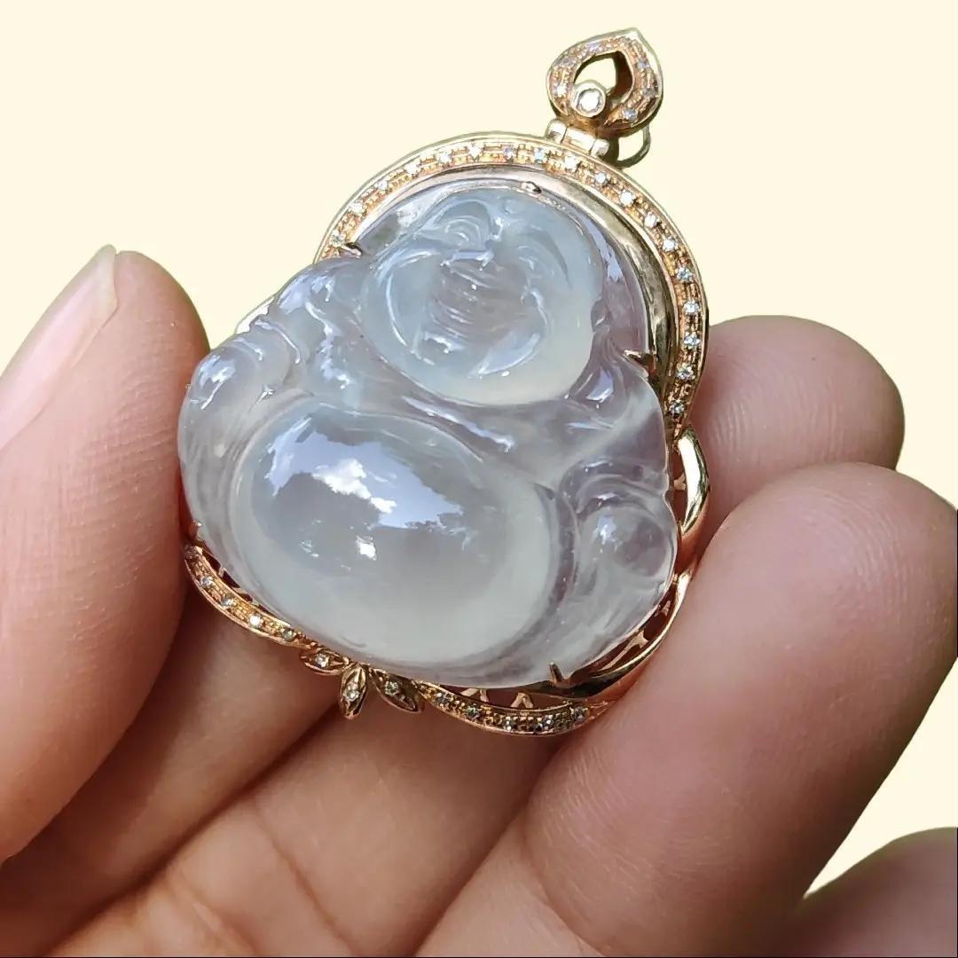 Premium Quality Icy Translucent Natural Type A Jadeite Jade crafted with Milo Buddha Set on 18k Gold as Pendant, certificate weighs 6.48 grams, measurement 34.1 * 26 * 11.6 mm (18kp61)