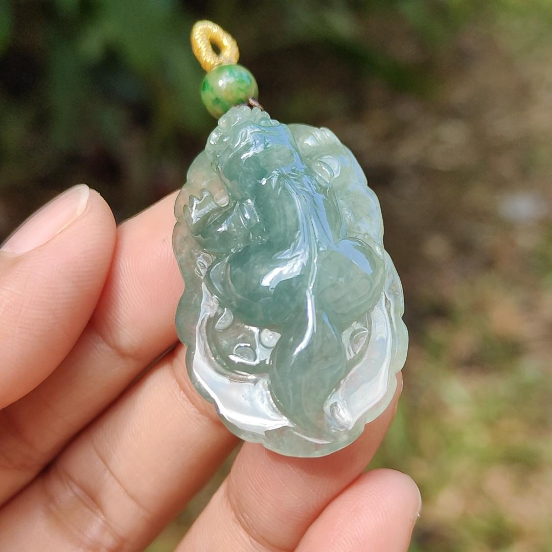 Green Natural Type A Jadeite Jade crafted with Pixiu as Pendant, certificate weighs 12.84 grams, measurement 40 * 23.8 * 10 mm (pendant251)