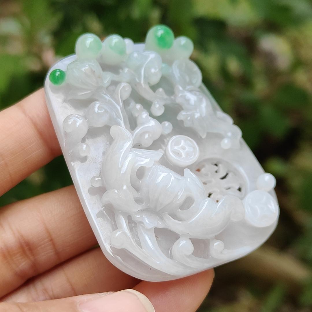 Old school hollow style Green and White Natural Type A Jadeite Jade crafted with flowers and coins as a pendant necklace with certificate weigh 41.56 grams, measurement 56.3 * 43.2 * 11.8 mm (pendant204)