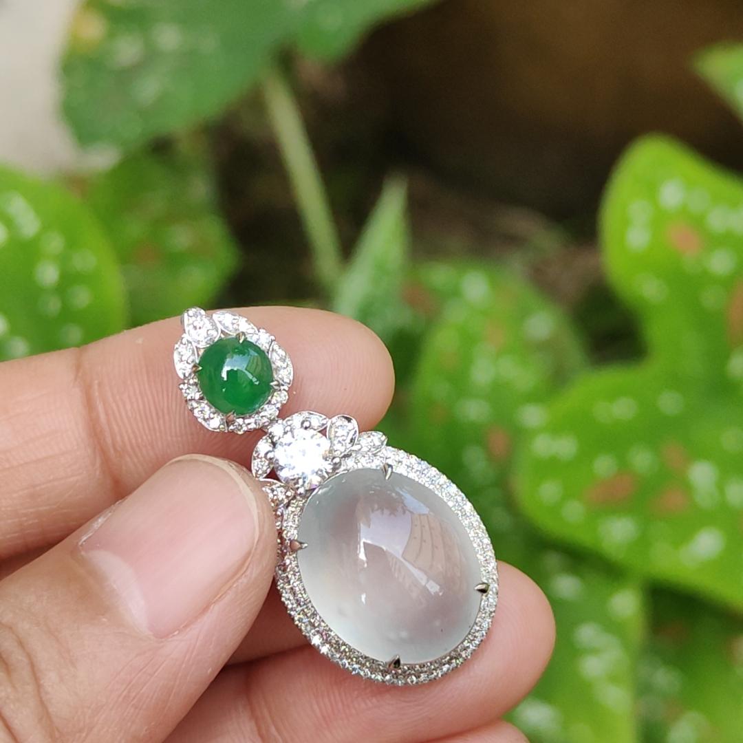 18k Gold Pendant Setting with 1 green cabochon and small diamonds with 1 CZ, Old Mine Natural Type A Jadeite with NGI Gemstone report weight 4.94 grams , 15.66 * 12.60 * 6.00 mm which is Highly Translucent Icy and very fine grain crystal aggregate (18kp8)