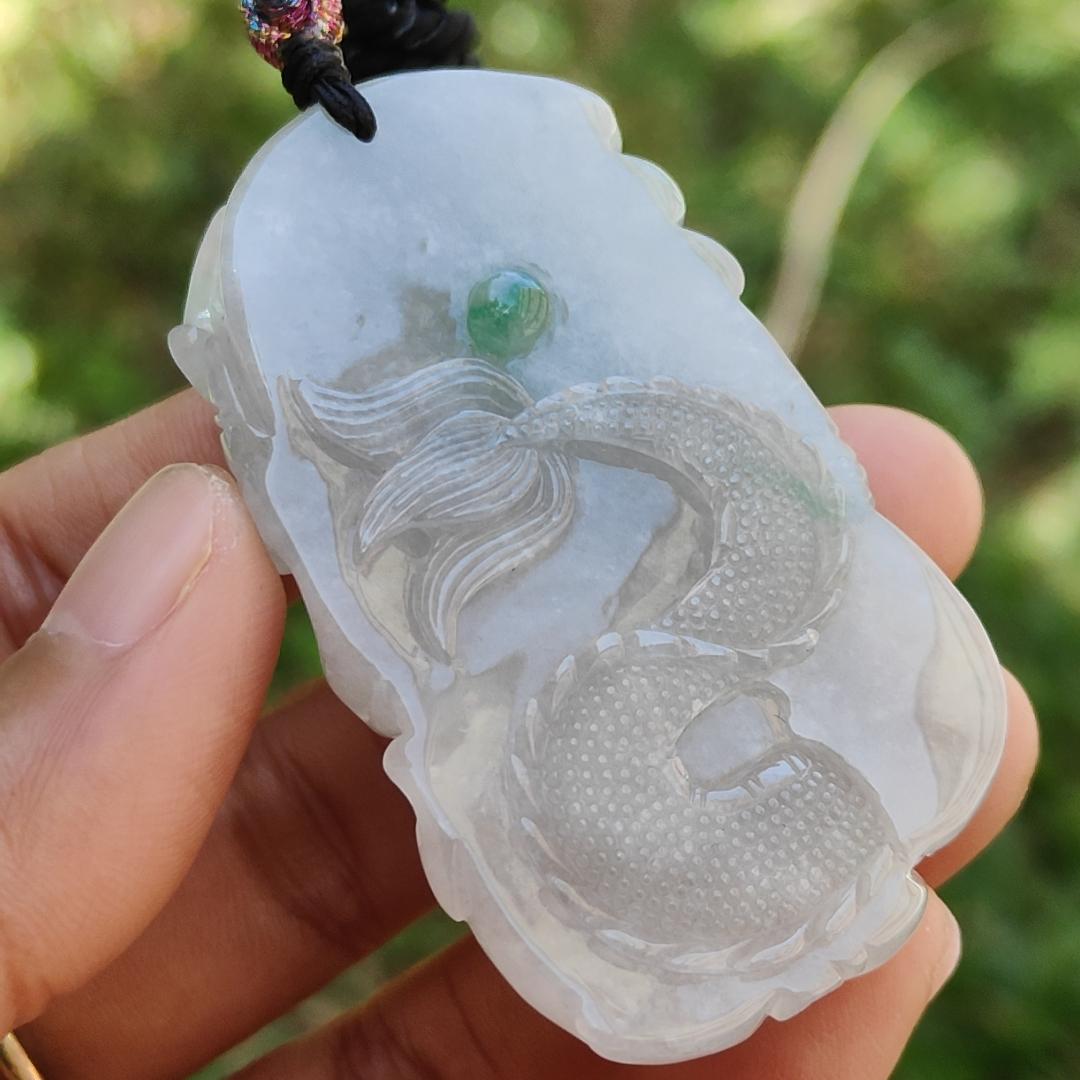 High Quality Semi Icy Translucent Light Green Light Lavender Natural Type A Jadeite Jade crafted with Dragon as Pendant, certificate weighs 35.24 grams, measurement 55.7 * 33.3 * 13.3 mm (pendant264)