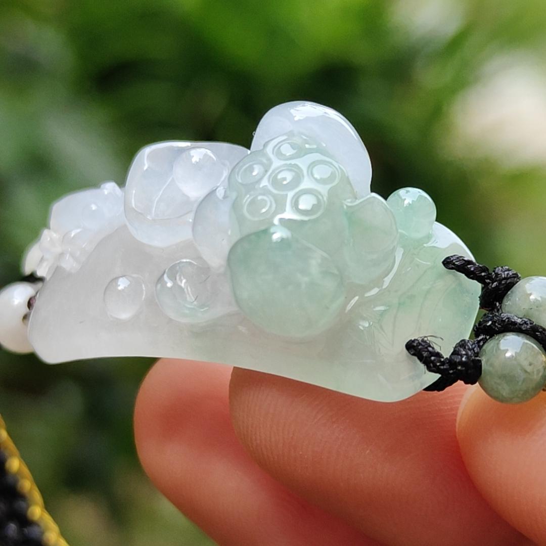 Light Green Natural Type A Jadeite Jade crafted with frog and Lotus as bracelet, certificate weigh 9.98 grams, measurement 33.9 * 14.1 * 12.3, (bracelet23)