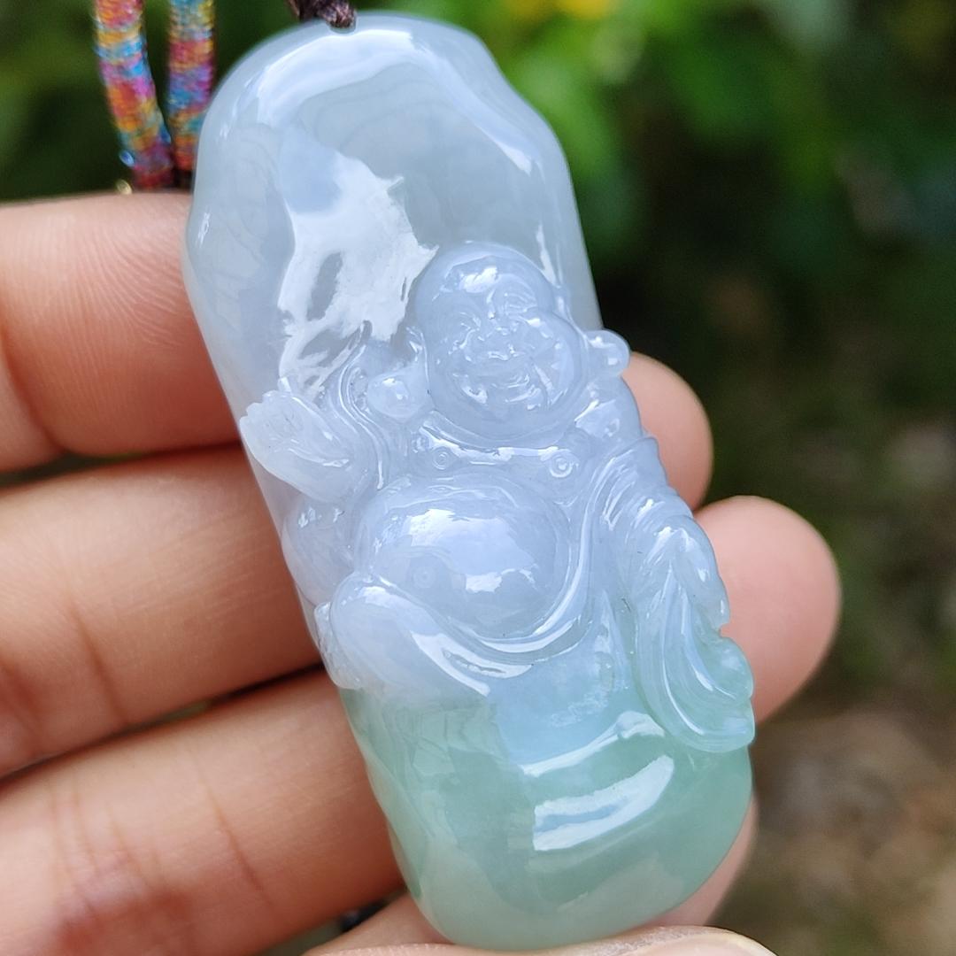 Lavender and Green Natural Type A Jadeite Pendant crafted with Milo Buddha represent Compassionate, tolerant, optimistic and open-minded with certificate weight 29.40 grams, 50.80 * 20.80 * 13.60 mm suitable for daily wear (pendant108)