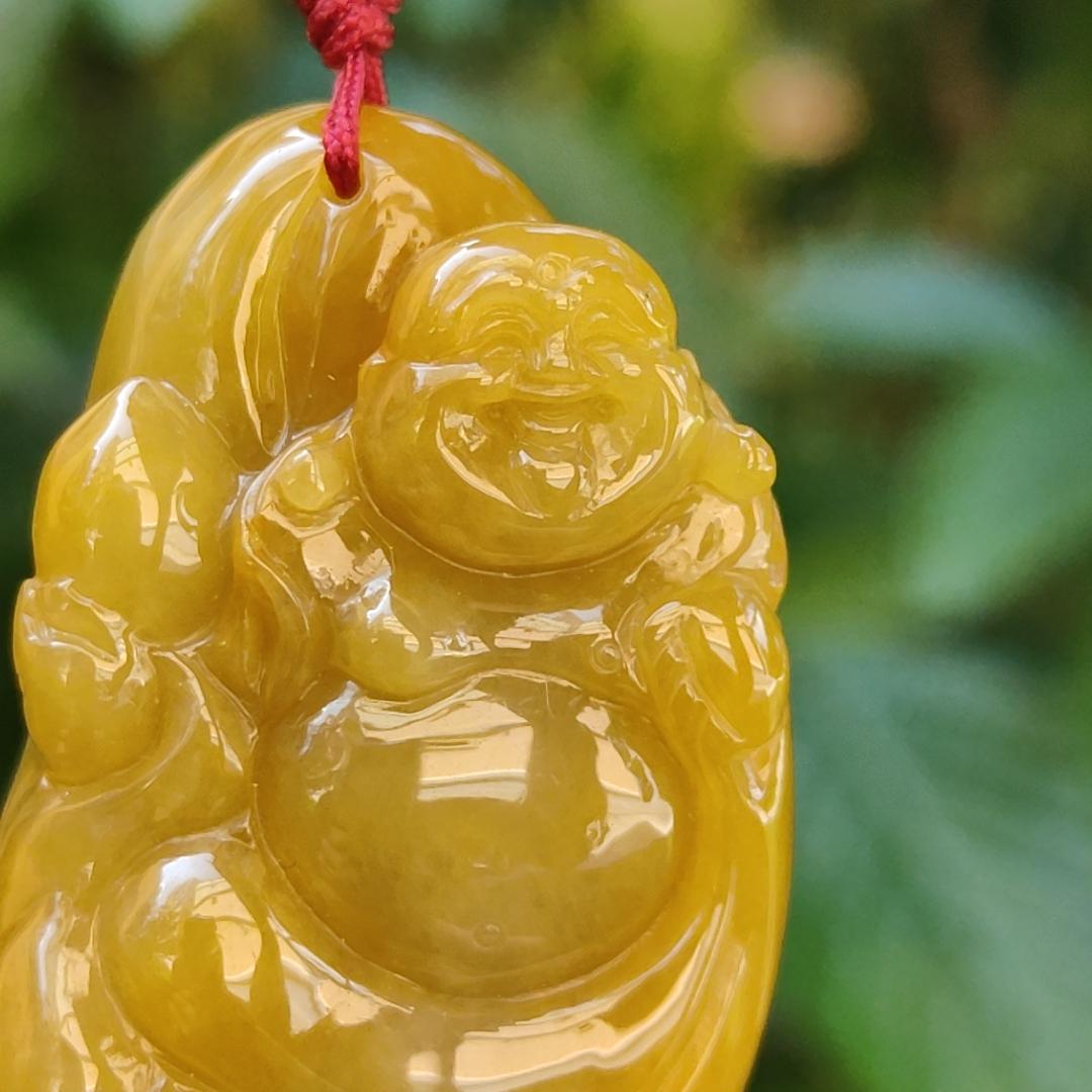 Full Yellow Old Mine Natural Type A Jadeite pendant carved with Laughing Buddha represents Tolerance and wisdom, humor, happy spirit, come with certificate weight 35.13 grams, 49.30 * 27.90 * 14.30 mm, suitable for daily wear on all occasions (pendant96)