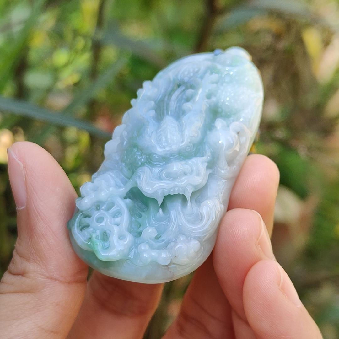 Blueish Green Natural Type A Jadeite Pendant Necklace crafted with Dragon and Fengshui Wheel, with GIC approved certificate weigh 39.57 grams, 58 * 29.8 * 12.6 mm, suitable for daily wear (pendant61)