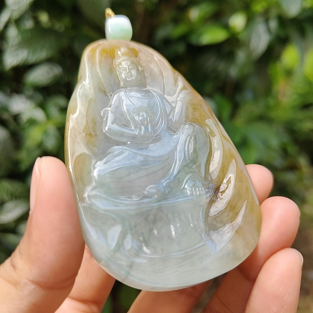 Hugh High Quality Light Green, Yellow Brown and Red Natural Type A Jadeite Jade crafted as Guanyin for Pendant, certificate weighs 79.47 grams, measurement 83.3 * 52.6 * 8.5 mm (pendant282)