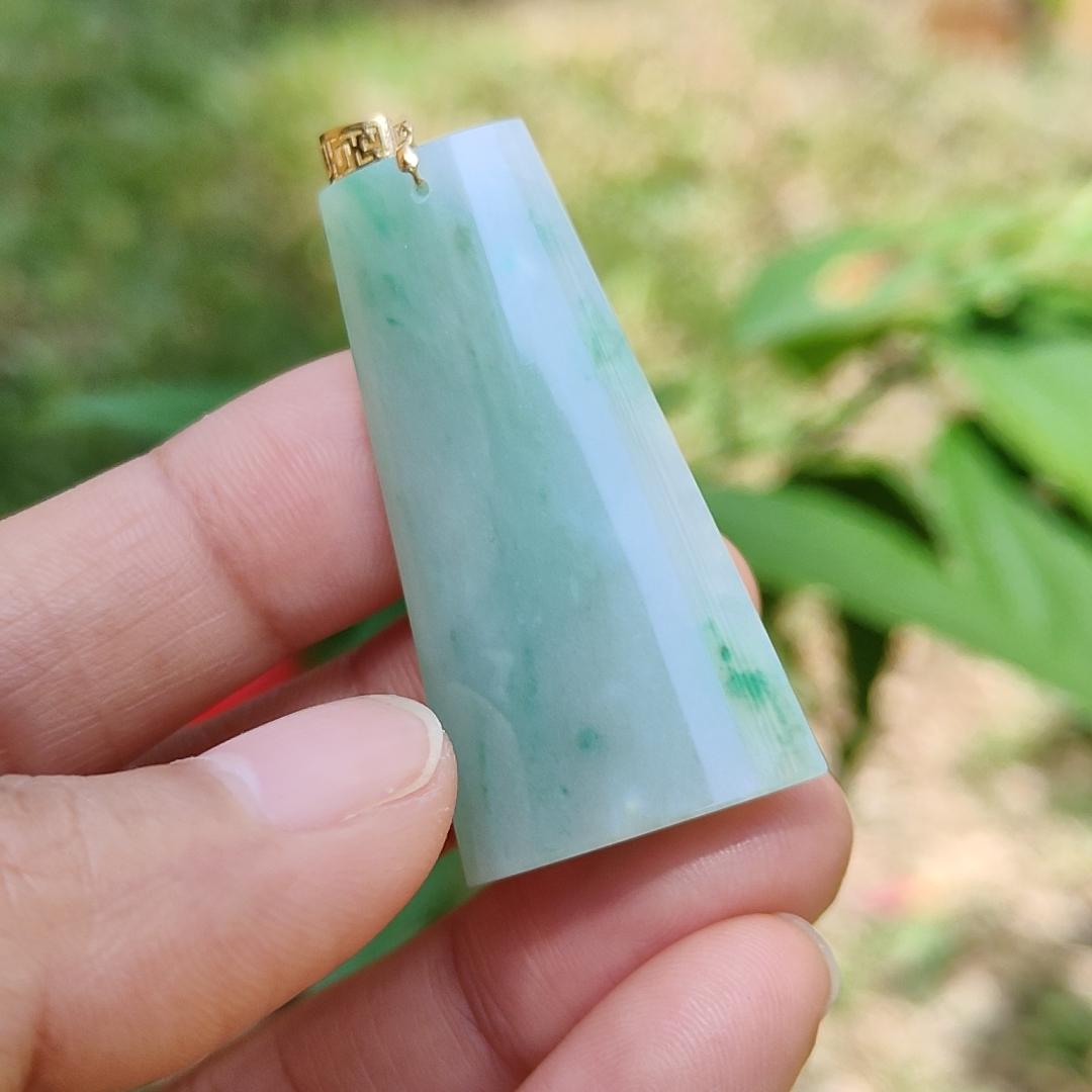 Light Green with Green Patches Natural Type A Jadeite Jade Crafted with Nothing as a pendant attached with 18k gold clasp, certificate weigh 11.24 grams, measurement 40.2 * 21 * 7.1 mm (18kp21)