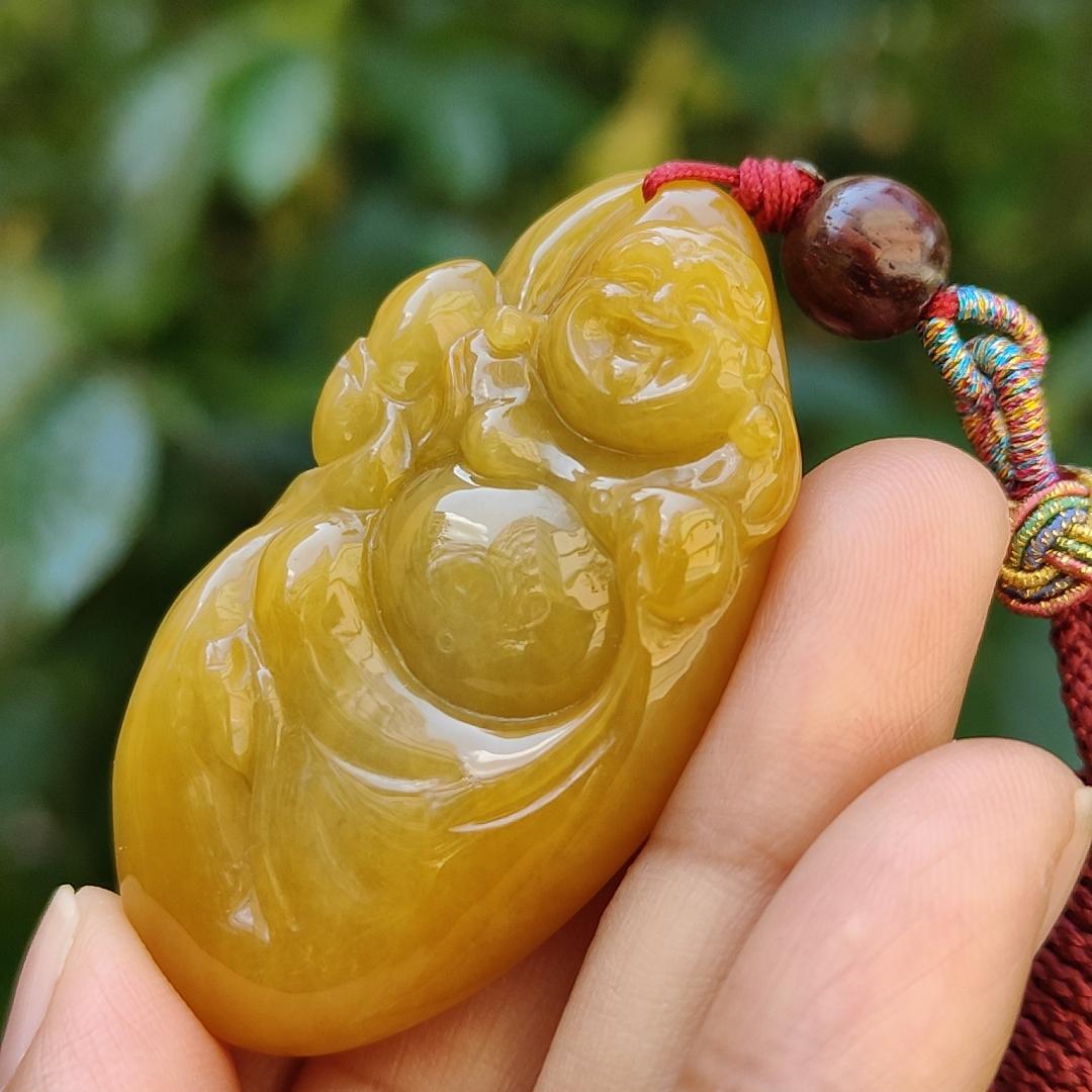 Full Yellow Old Mine Natural Type A Jadeite pendant carved with Laughing Buddha represents Tolerance and wisdom, humor, happy spirit, come with certificate weight 35.13 grams, 49.30 * 27.90 * 14.30 mm, suitable for daily wear on all occasions (pendant96)