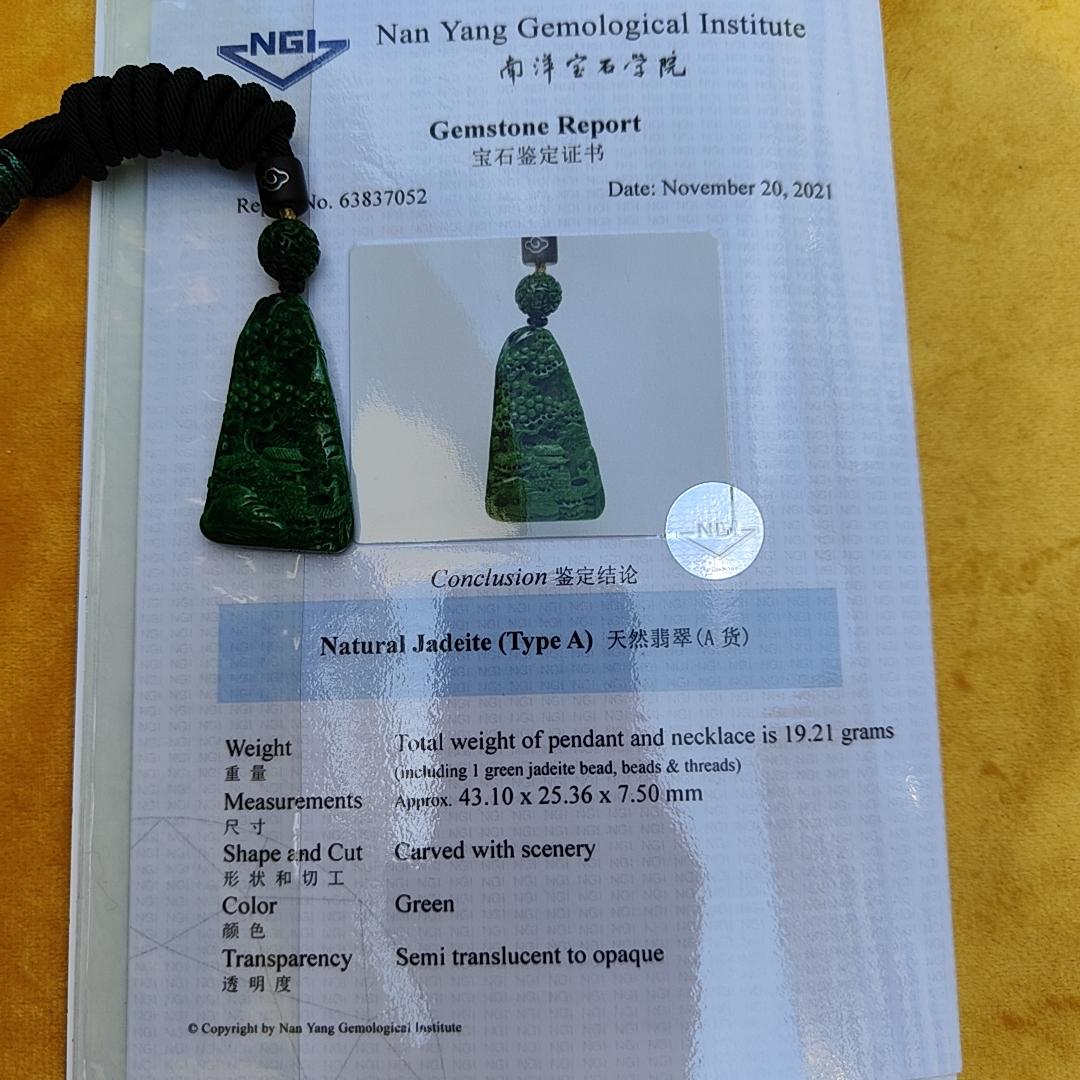 Dark Green Natural Type A Jadeite carved with scenery pendant with NGI Gemstone report weight 19.21 grams , 43.10 * 25.36 * 7.50 mm , Semi Translucent to opaque fine grain crystal aggregate - Good for daily wear pendant (pendant152)