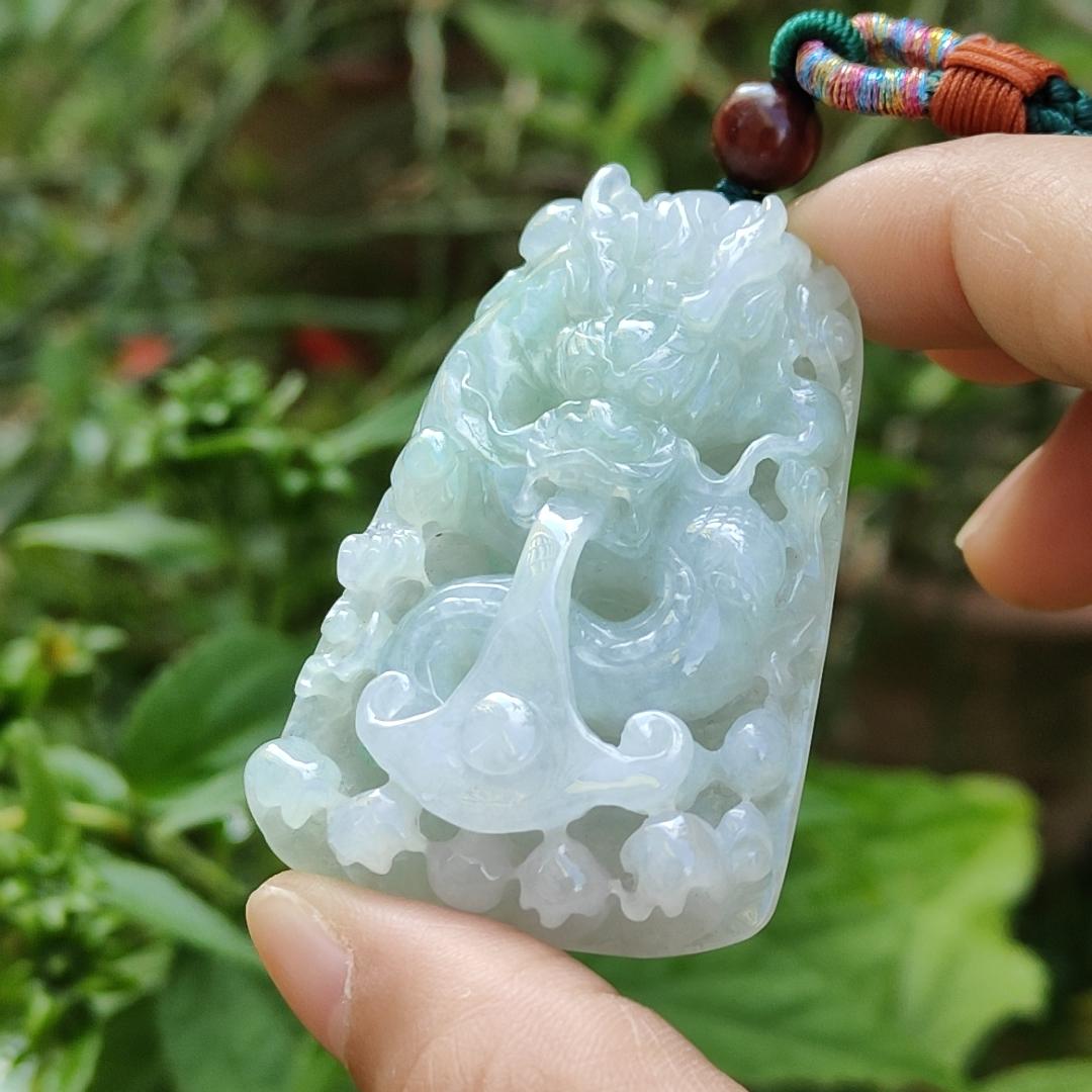 Light Green and White Natural Type A Jadeite Pendant Necklace crafted as Domineering dragon water absorbing pendant, symbols of Rise to prominence, certificate included weigh 43.48 grams, 56.5 * 36.8 * 13.4 mm, suitable for daily wear (pendant37)