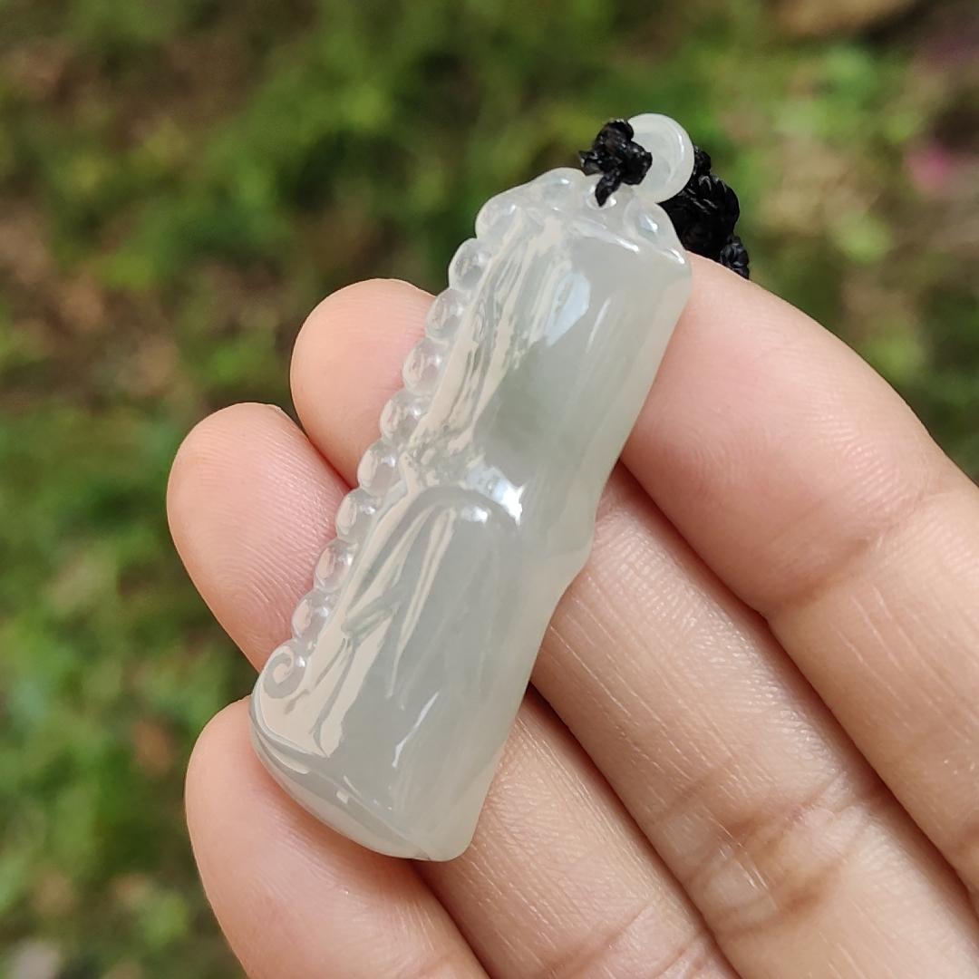 Special Offer Price Semi Icy Bamboo Natural Type A Jadeite Pendant Necklace with QIC approved labs certificate weigh 13.67 grams, 44.3 * 16 * 8.7 mm, symbols of Rising higher and everlasting, suitable for daily wear (pendant53)