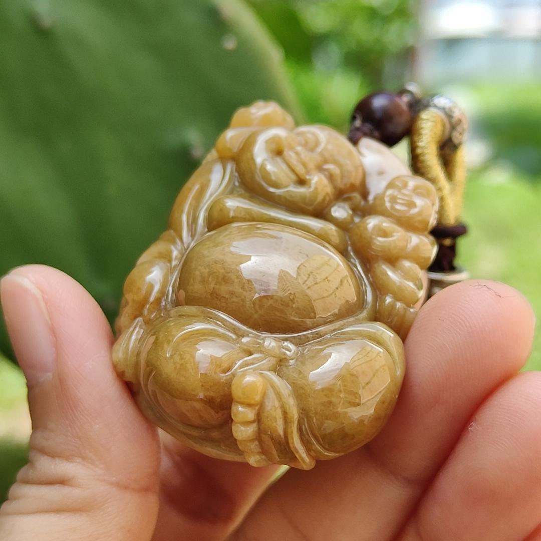 Rare Full Brown Natural Type A Jadeite Pendant crafted as Milo with two kids means Happiness for the family and Longevity, wealth and health, with certificate weighs at 61.27 grams, 48.50 * 41 * 21.60 mm (pendant110)