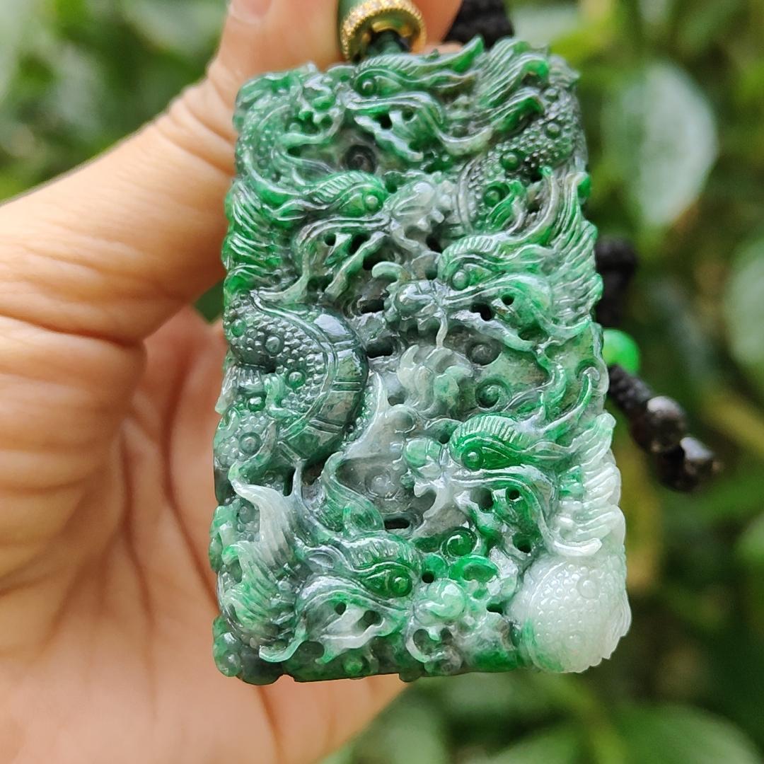 Lots of Green with Wuji carved as nine dragons Natural Type A Jadeite pendant with certificate weight 45.16 grams, 60.30 * 35.30 * 9.90 mm suitable for daily wear (pendant120)