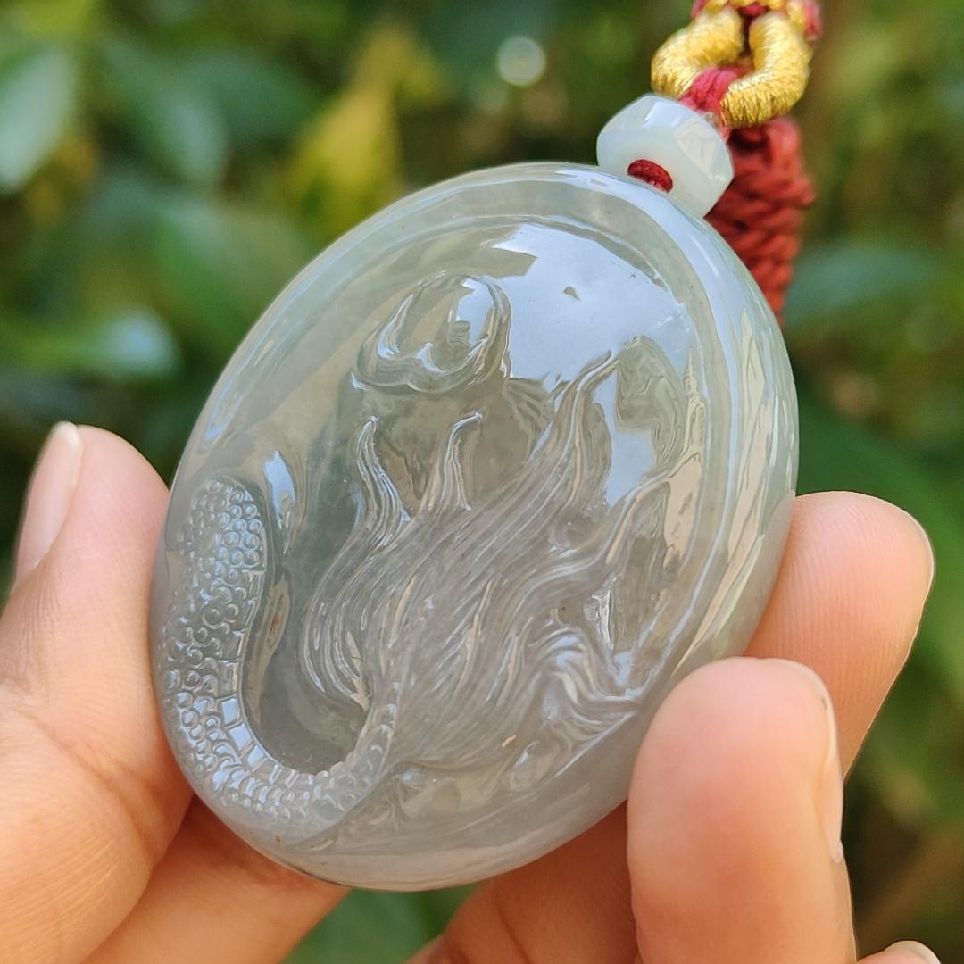 Light green with Brown fine quality Natural Type A Jadeite Pendant carved with dragon meaning wisdom, Auspiciousness, strength and independence with certificate weigh 41.21 grams, 46 * 40.60 * 10.80 mm, very suitable for daily wear (pendant91)