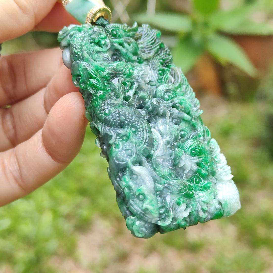 Lots of Green with Wuji carved as nine dragons Natural Type A Jadeite pendant with certificate weight 45.16 grams, 60.30 * 35.30 * 9.90 mm suitable for daily wear (pendant120)