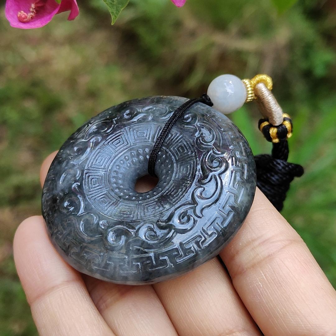 Hugh archaize style Black Natural Type A Jadeite Pendant crafted as Donut, symbols of Attract wealth , certificate included weigh 62.62 grams, 51 * 51 * 12.6 mm, suitable for daily wear (pendant63)