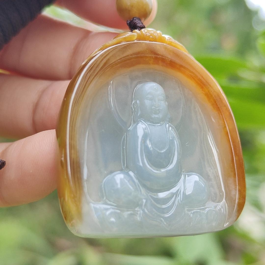 Rare old yellow Natural type A jadeite pendant with certificate carved as buddha seating on lotus weight 26.99 grams, 38.20 * 34.20 * 8.80 mm suitable for daily wear (pendant122)