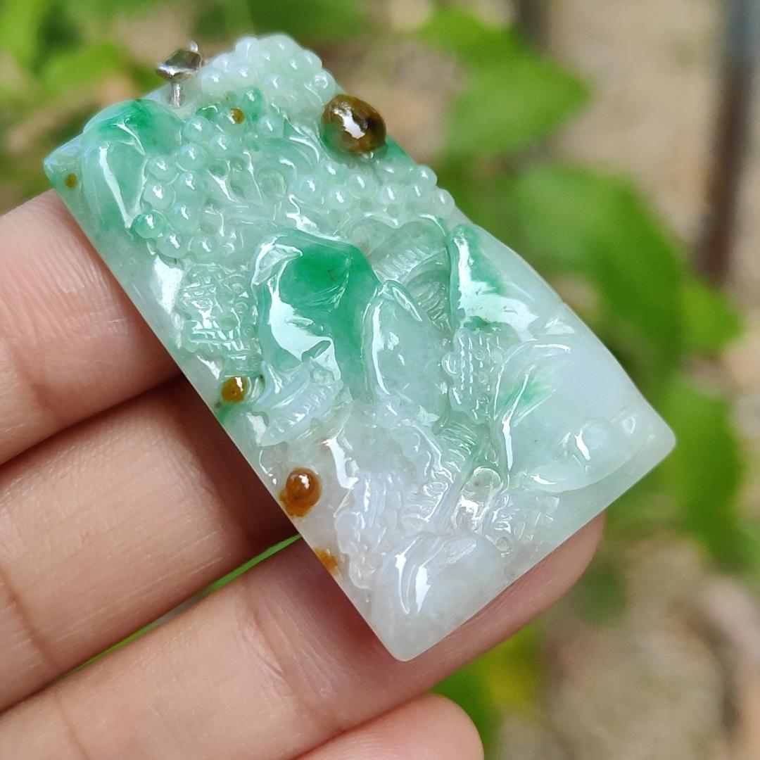 Good Quality Very Beautiful Light Green, Brown Natural Type A Jadeite Jade crafted with sceneries as Pendant, certificate weighs 9.72 grams, measurement 40 * 24.8 * 4.6 mm (pendant288)