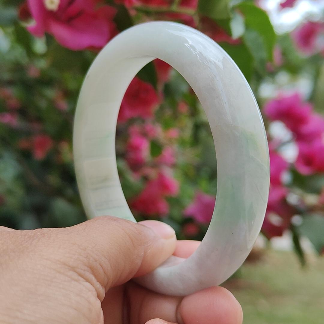 Light Green Hue Natural Type A Jadeite Jade crafted with shape of Peace Bracelet Bangle with certificate weigh 64.55 grams, measurement 13.6 * 8.7, Wrist Size 56.5 mm (bangle4)