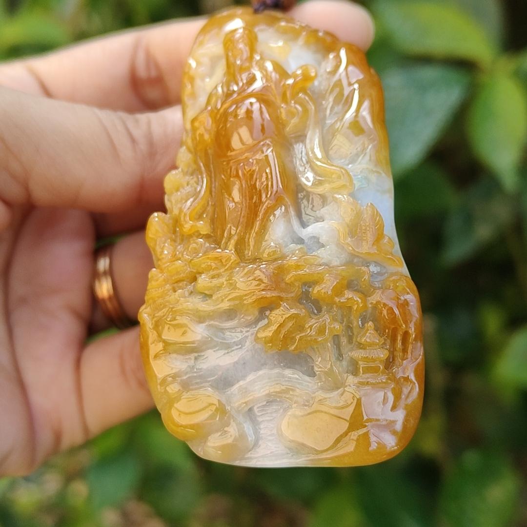 Premium Quality Yellow Natural Type A Jadeite pendant with fortune god, mountain and trees, symbolize the blessing of good fortune, eternal strength, and continuous growth, certificate weigh 77.61 g, 76.10 * 39 * 19.30 mm, symbol of prosperity (pendant81)