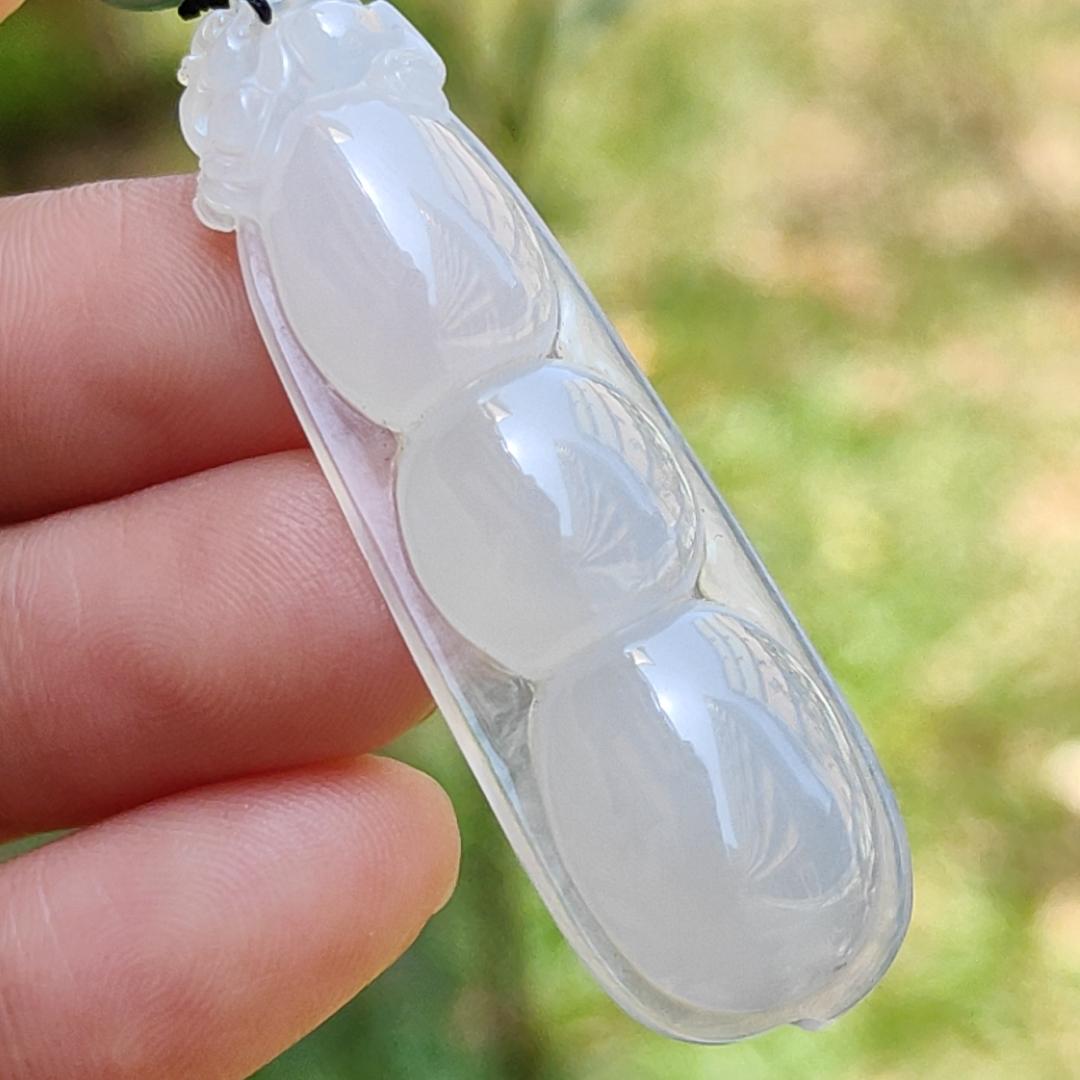 Rare Pure White Icy Translucent Natural Type A Jadeite Jade crafted with French Beans as Pendant Necklace, certificate weigh 8.4 grams, measurement 47.5 * 14.6 * 8.6 mm (pendant220)