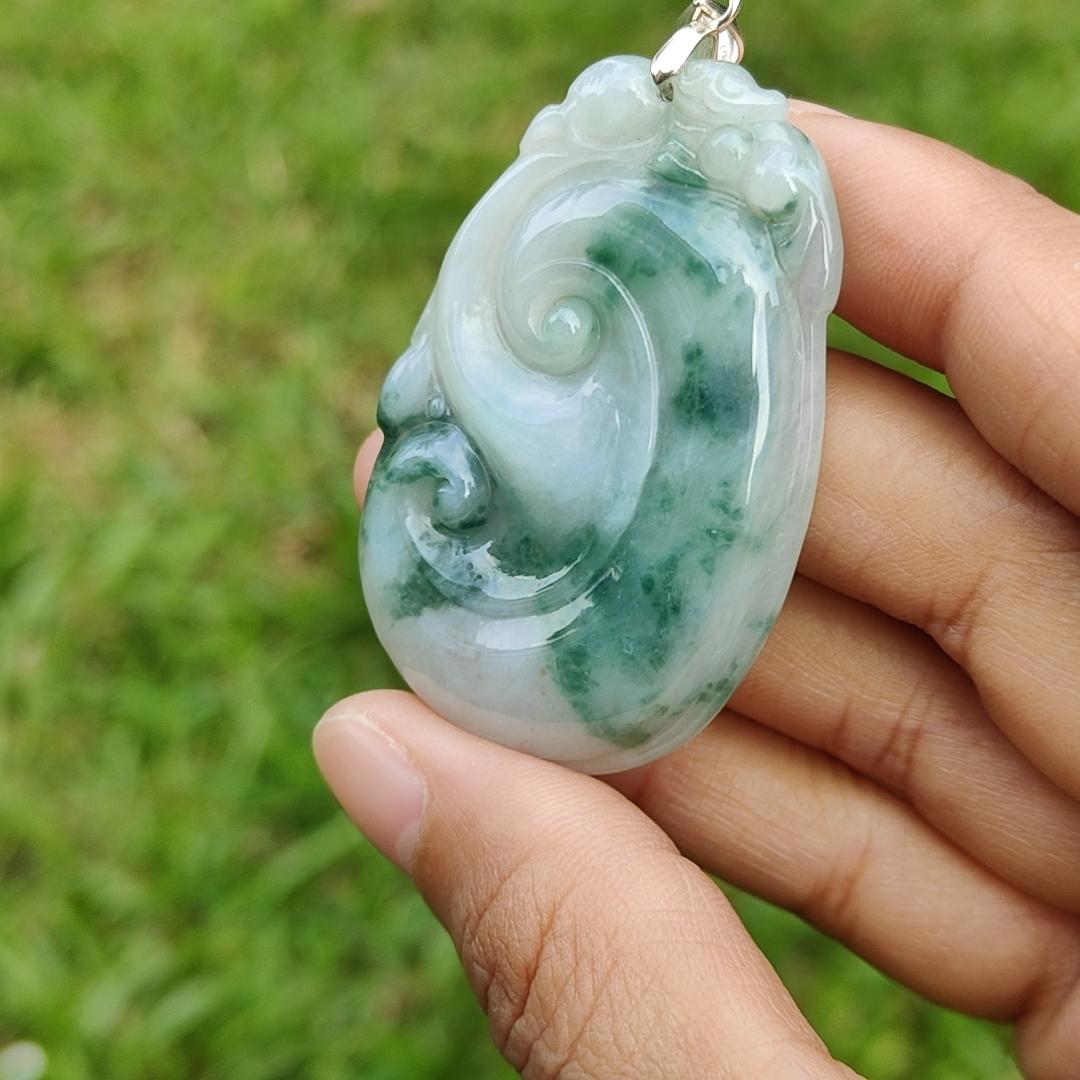 Special Offer, Green with Light Green Floating Flower (Piaohua) Natural Type A Jadeite Pendant Necklace crafted with Bat on Ruyi with certificate weigh 17.71 grams, 51.6 * 34.5 * 6 mm sysmbols of Happiness, auspiciousness (pendant103)