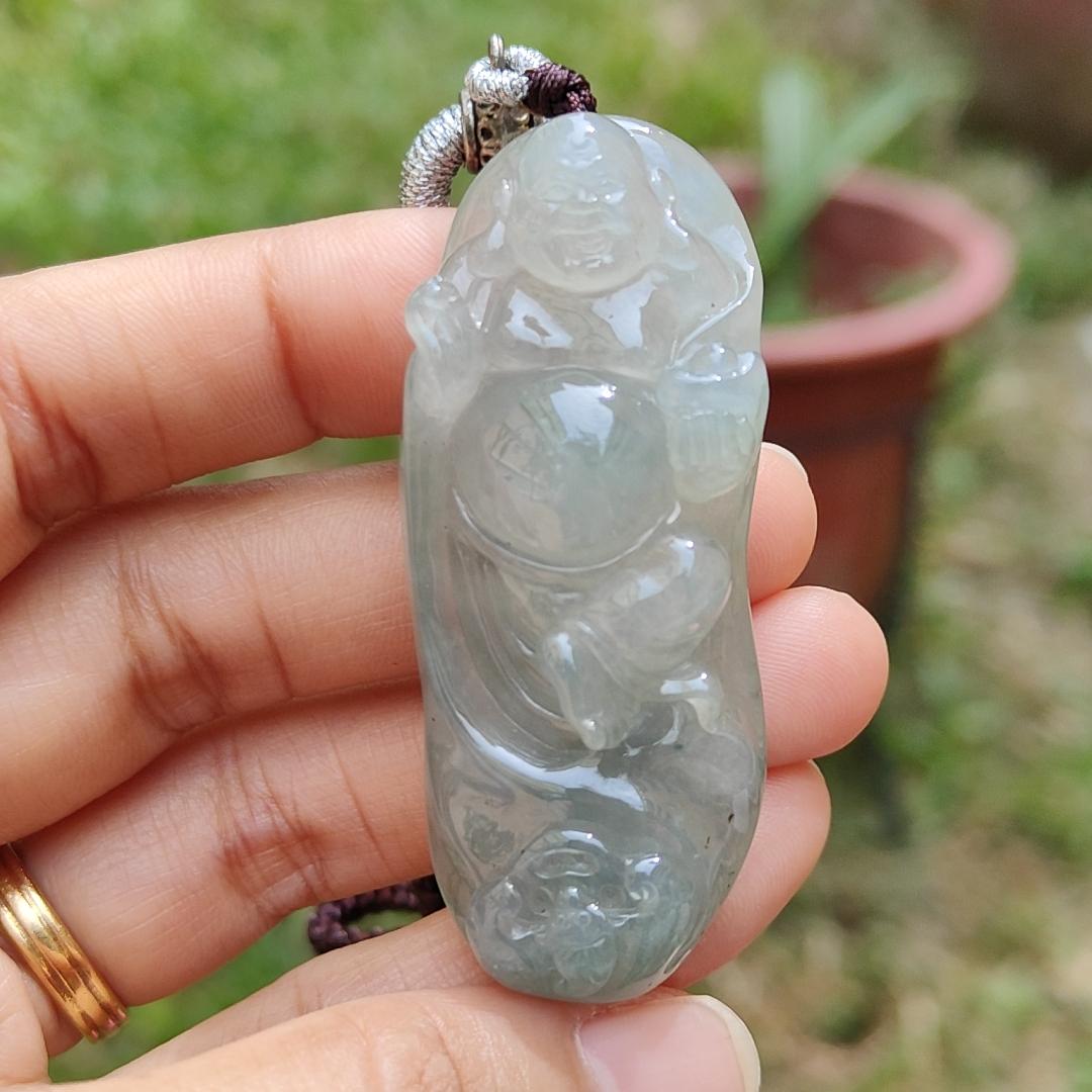 Premium Rare Semi Icy Natural Type A Jadeite Jade crafted with Milo Buddha as Pendant Necklace with certificate weigh 30.56 grams, measurement 56 * 23 * 12.8 (pendant207)